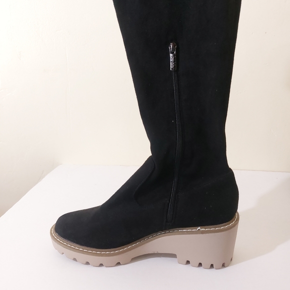 Nicole Miller Bass Black Vegan Leather Grunge Over The Knee Chunky Heeled Boot - Picture 9 of 13